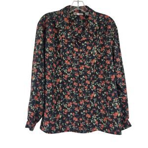 VTG RUSS Black Red Floral Button Down Blouse Women's Size 8 Career Wear Office